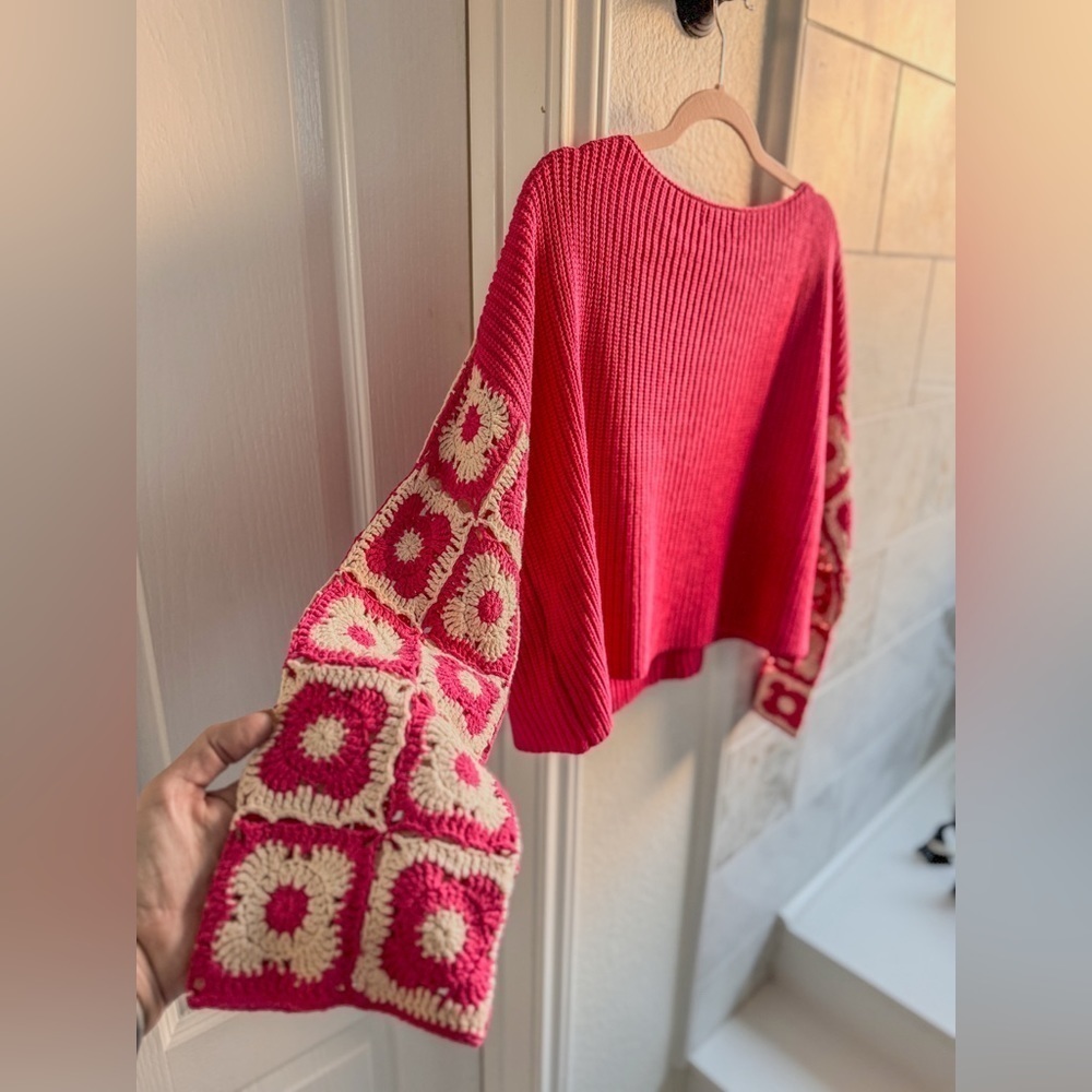 Pink Lily Fuchsia Crewneck Sweater with Crochet-Pattern Balloon Sleeves - Picture 13 of 16